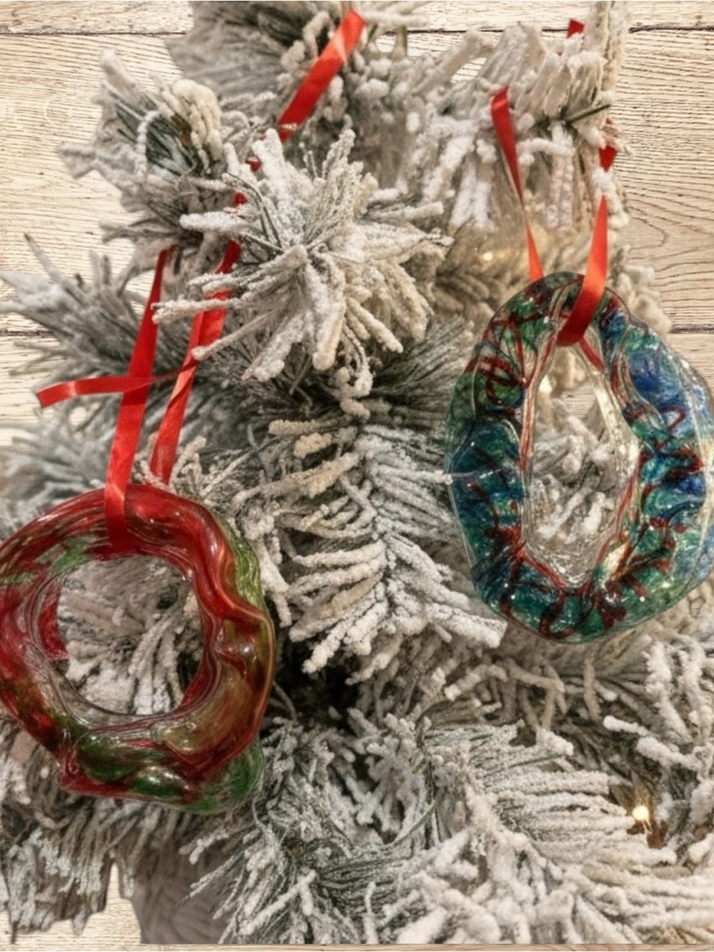 Vintage Melted Plastic Wreath Christmas Ornaments Set 2 Retro Suncatcher